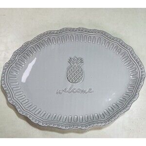 Mud Pie Welcome Pineapple Oval Ceramic Serving Platter White Farmhouse 17